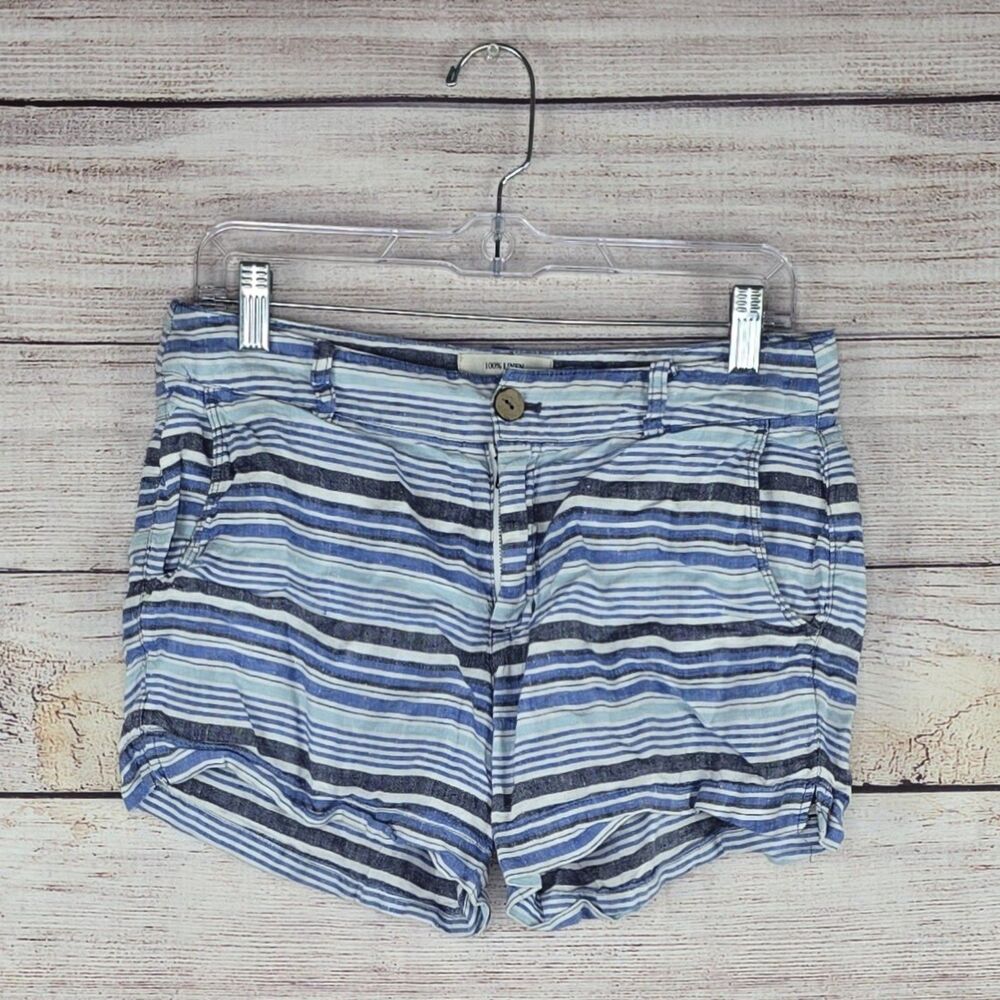 British Khaki Blue Striped 100% Linen Cloth Preppy Short Shorts Size 4